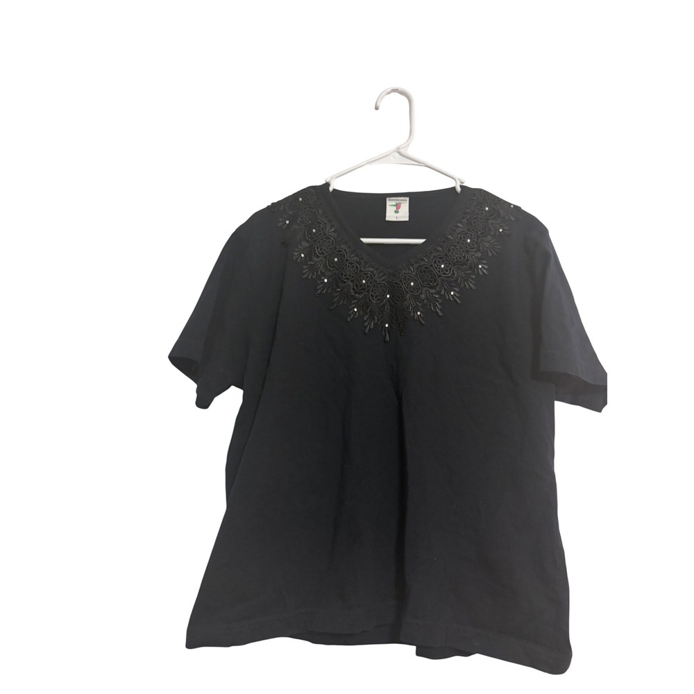 Hummingbird T-Shirt Crochet Lace Rhinestone Black V-Neck Short Sleeve Large